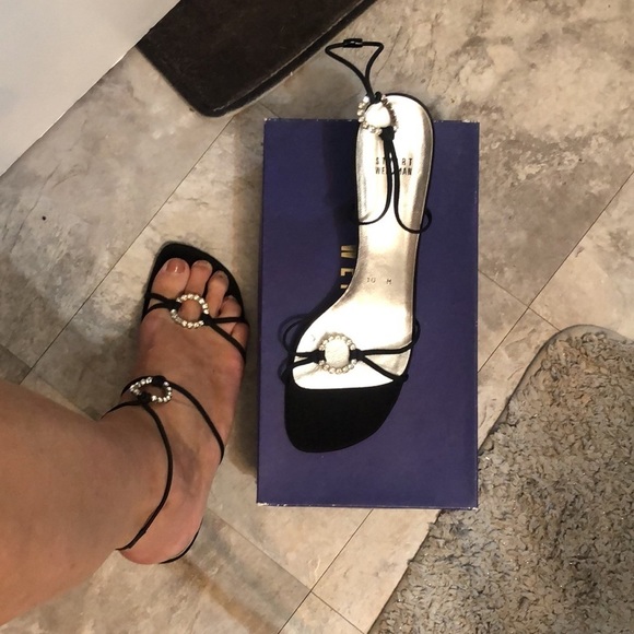 Stuart Weitzman size  10 black ankle wrap heels Rhinestone details - Picture 11 of 15